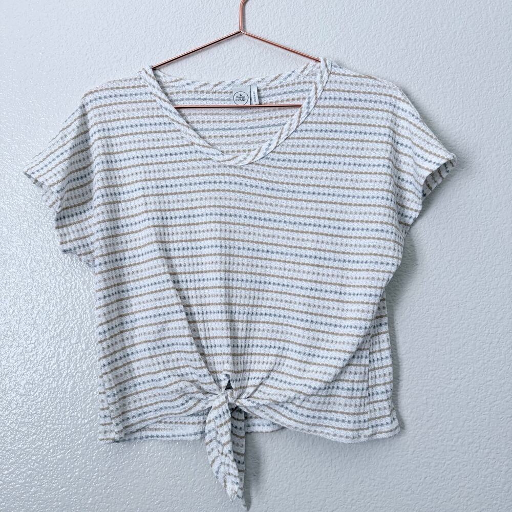 Paper Crane stripe waffle knit tie front top short sleeve ivory cream gray tan